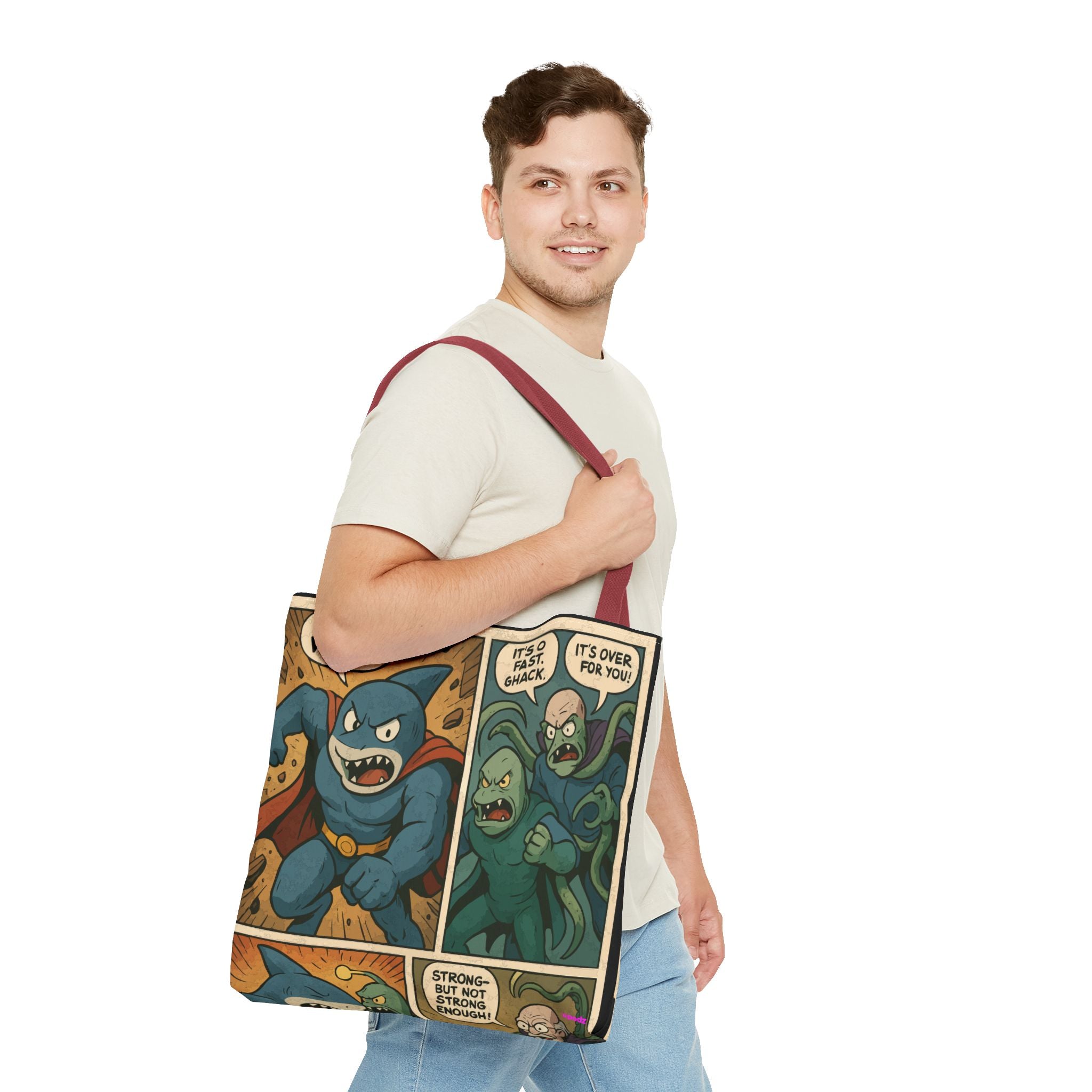 Shark Villain Tote Bag - Quirky AOP Design, Fun Bag