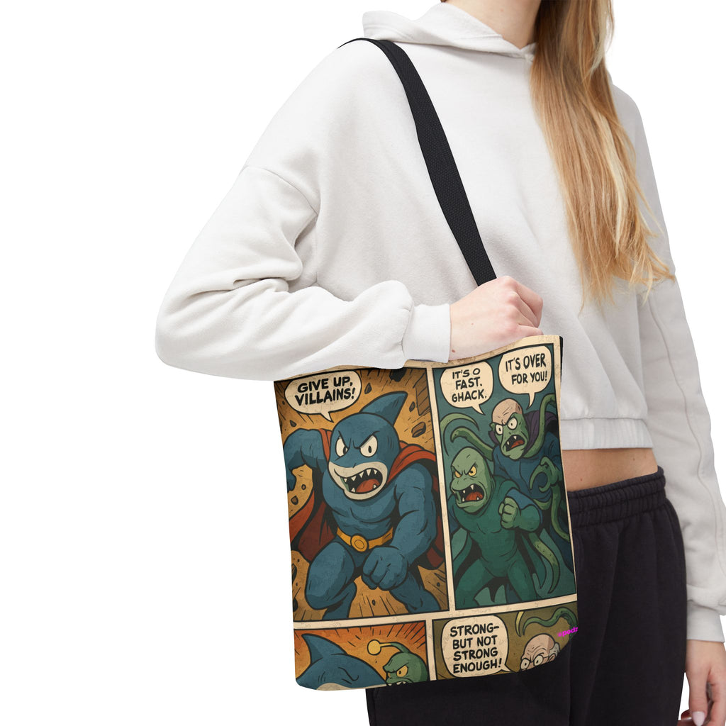 Shark Villain Tote Bag - Quirky AOP Design, Fun Bag