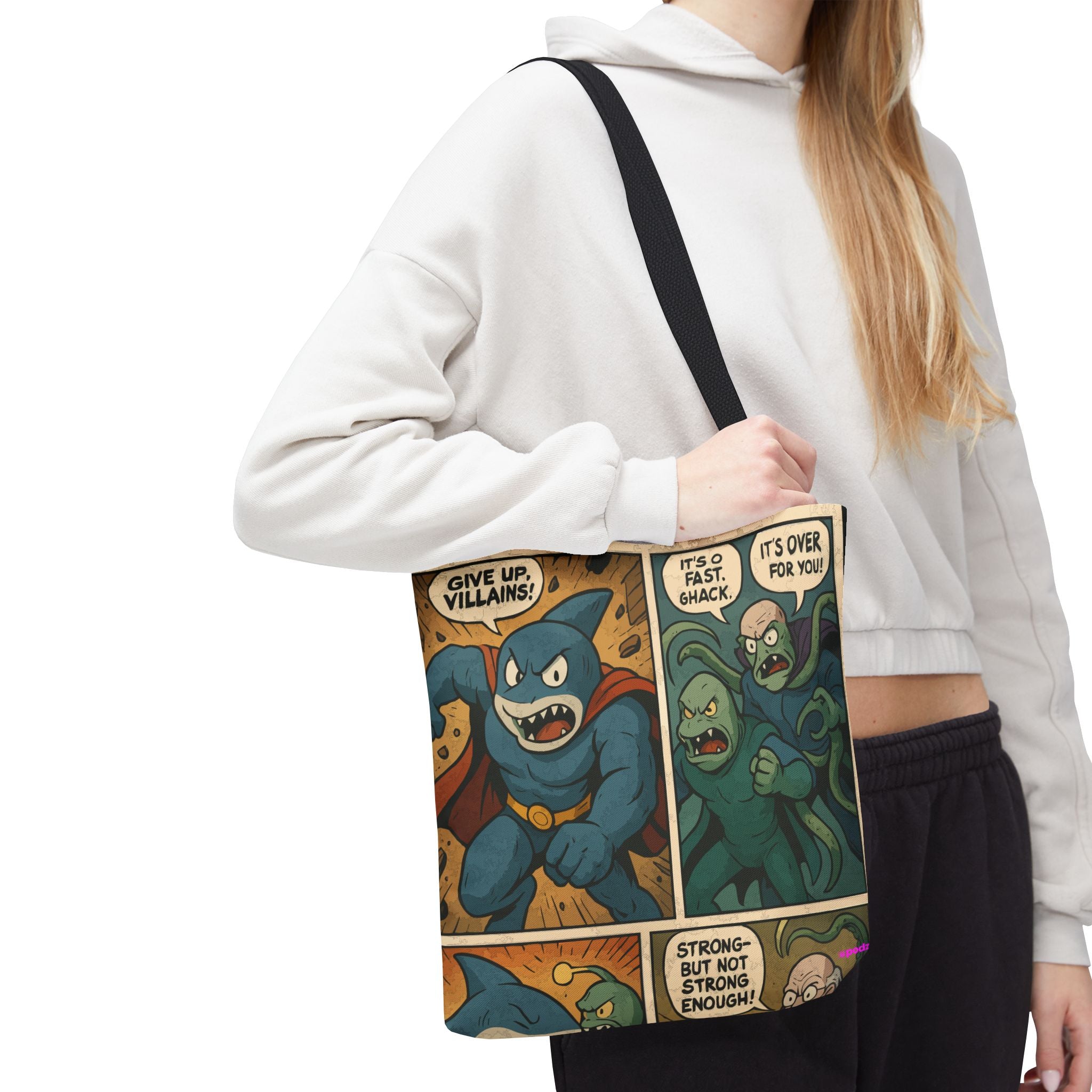 Shark Villain Tote Bag - Quirky AOP Design, Fun Bag