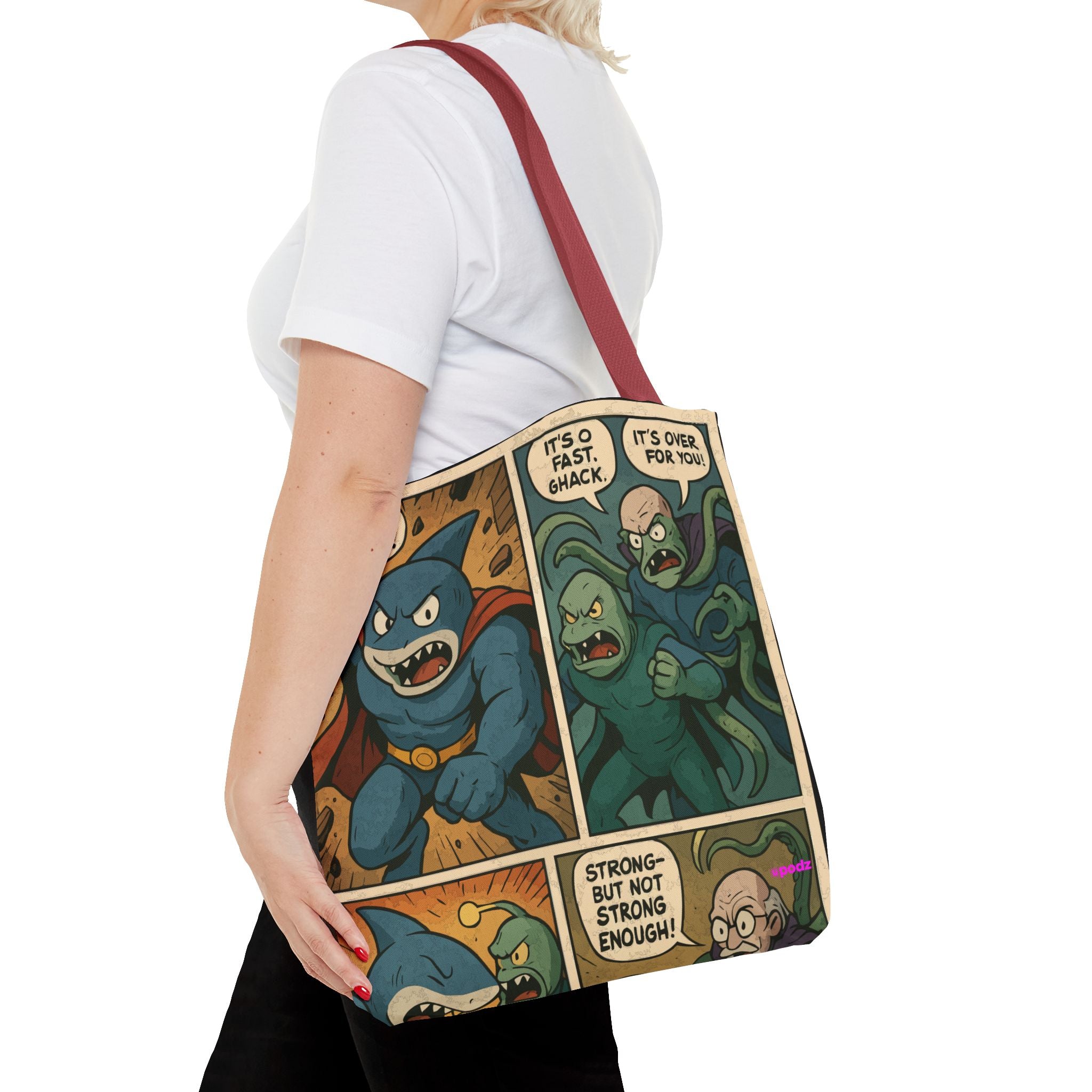 Shark Villain Tote Bag - Quirky AOP Design, Fun Bag