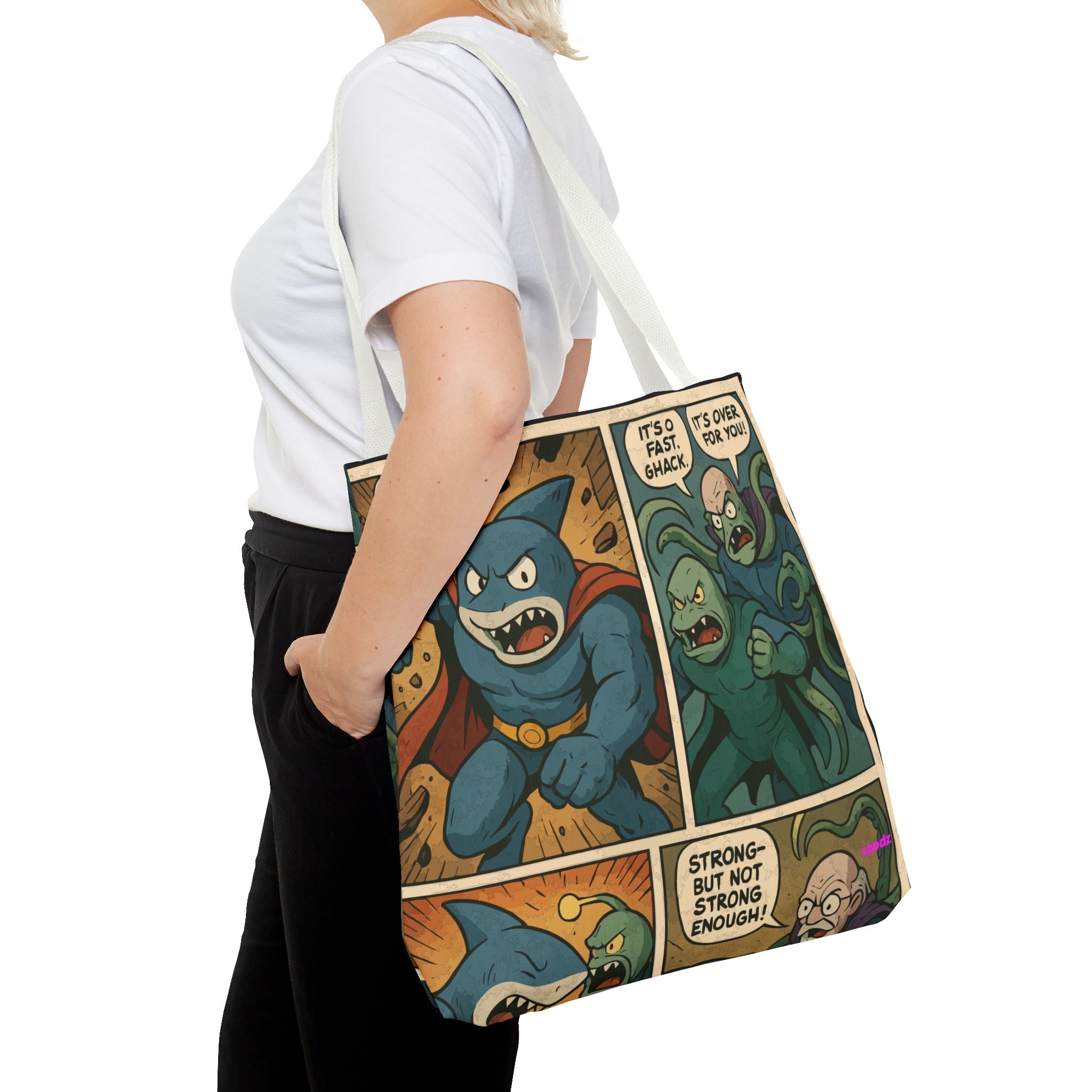 Shark Villain Tote Bag - Quirky AOP Design, Fun Bag
