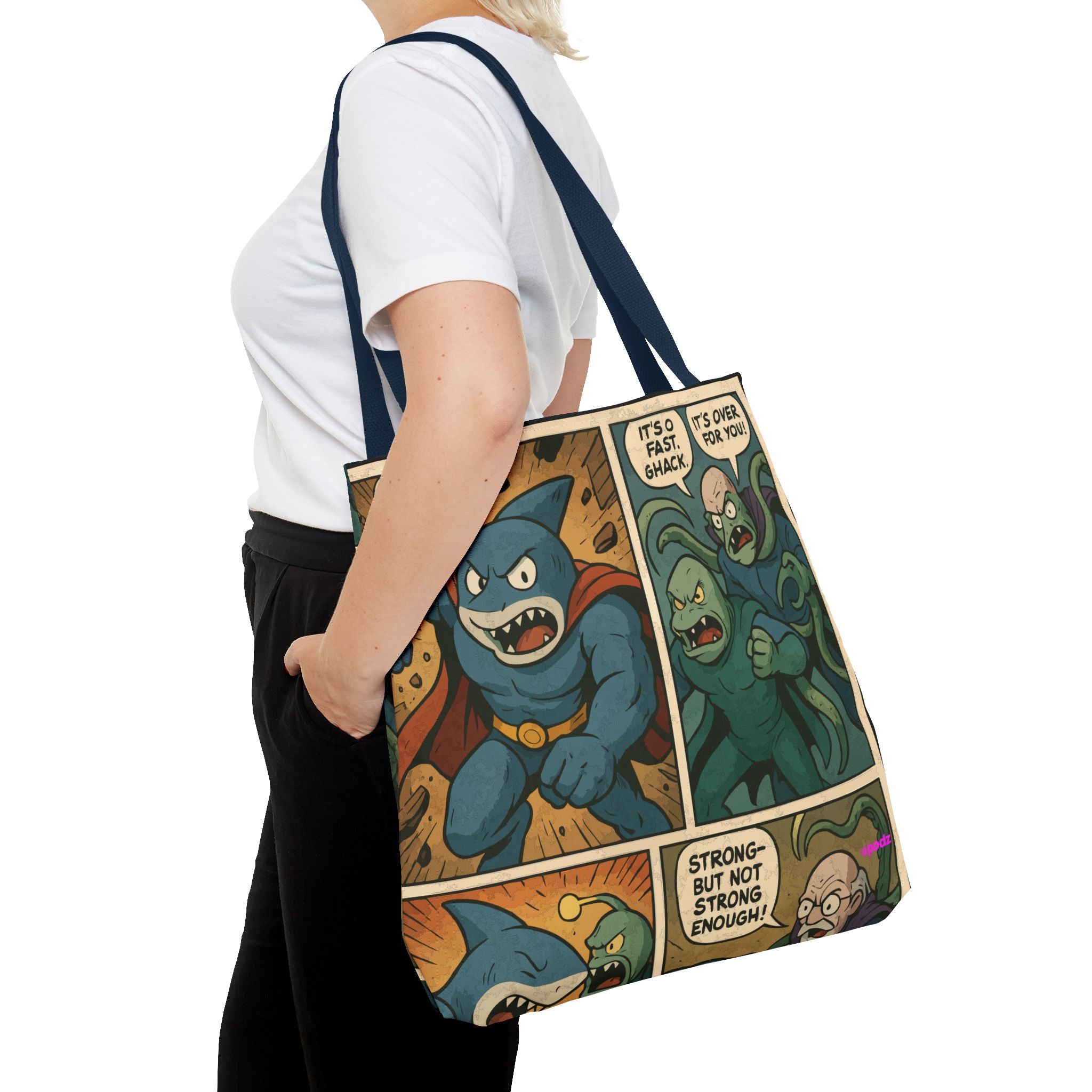 Shark Villain Tote Bag - Quirky AOP Design, Fun Bag