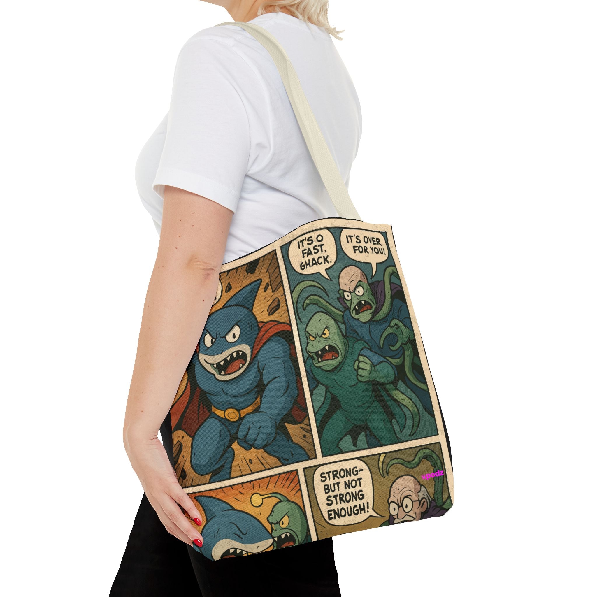 Shark Villain Tote Bag - Quirky AOP Design, Fun Bag