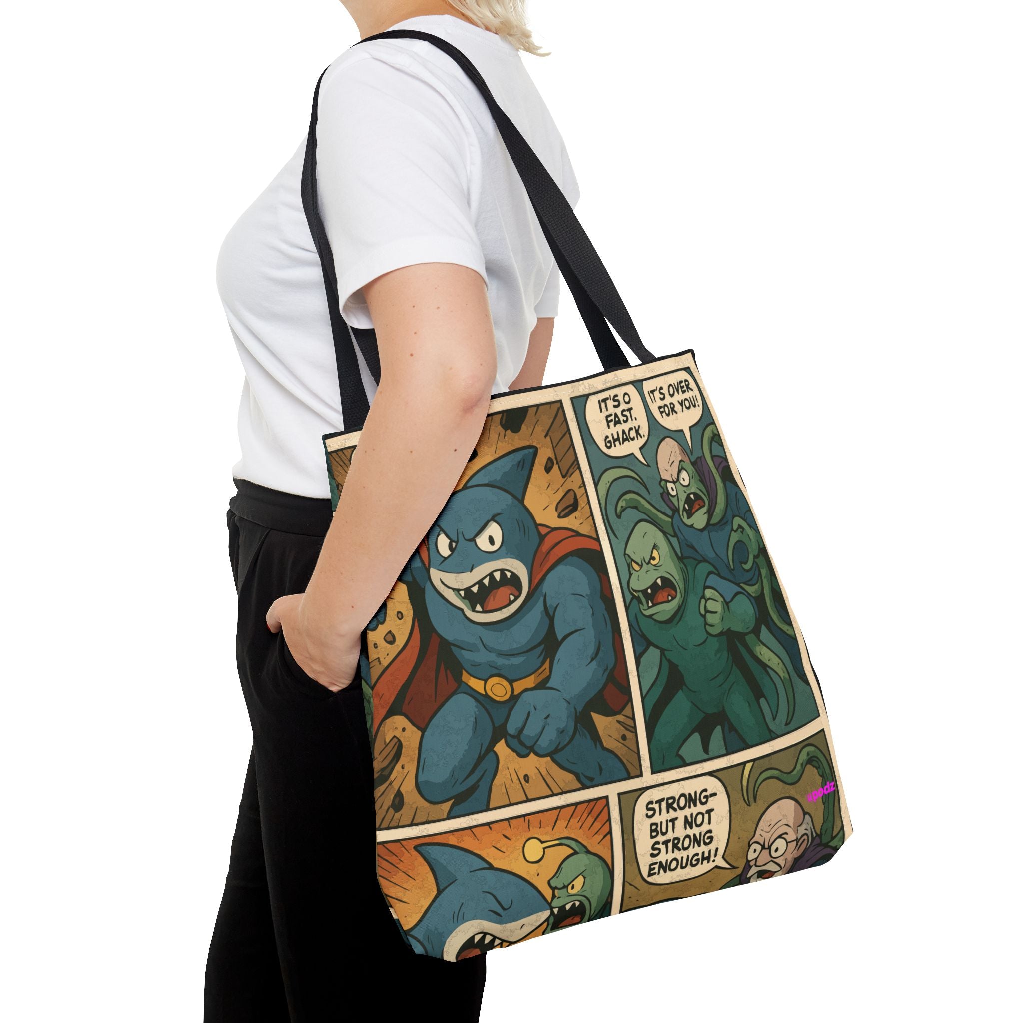 Shark Villain Tote Bag - Quirky AOP Design, Fun Bag