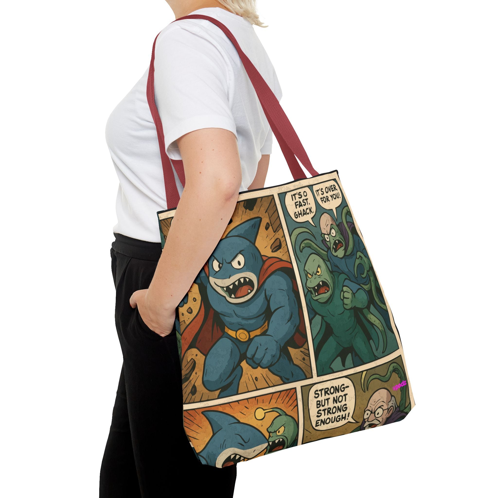 Shark Villain Tote Bag - Quirky AOP Design, Fun Bag