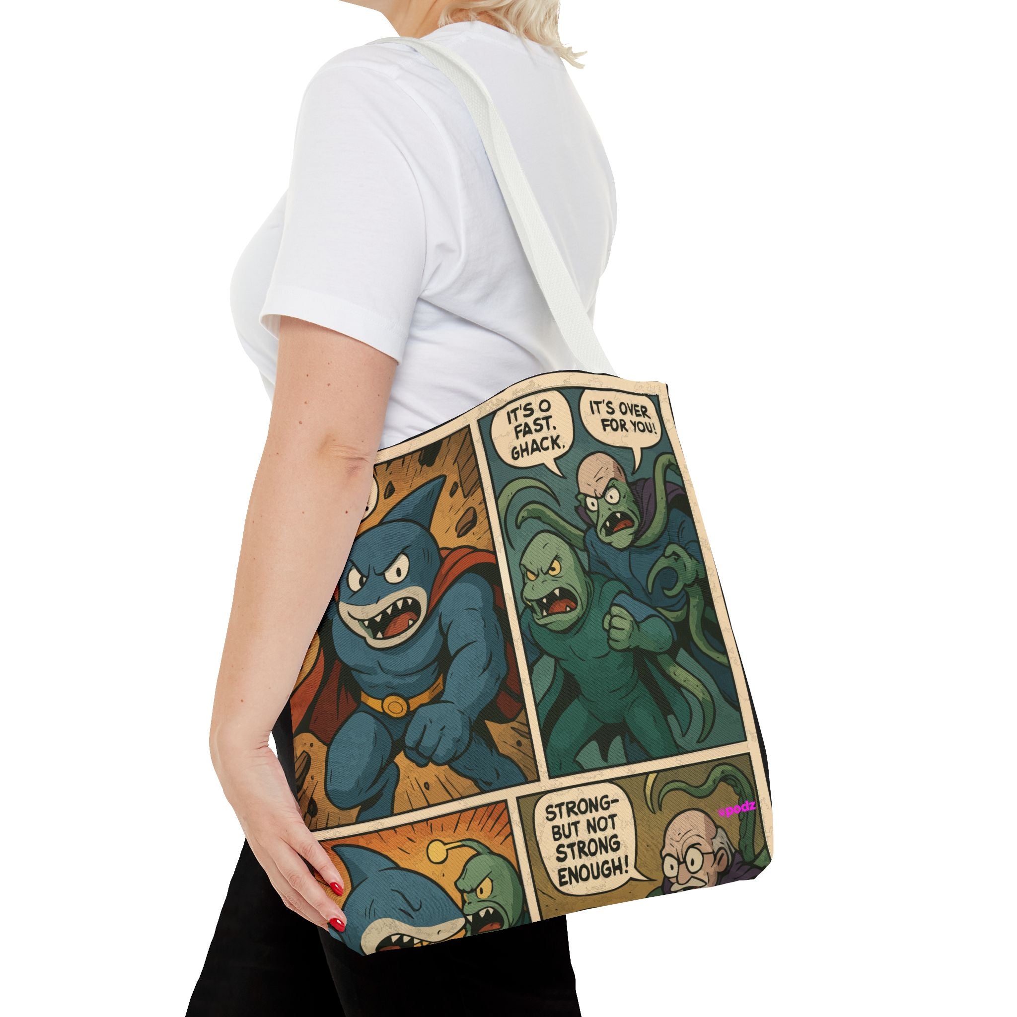 Shark Villain Tote Bag - Quirky AOP Design, Fun Bag