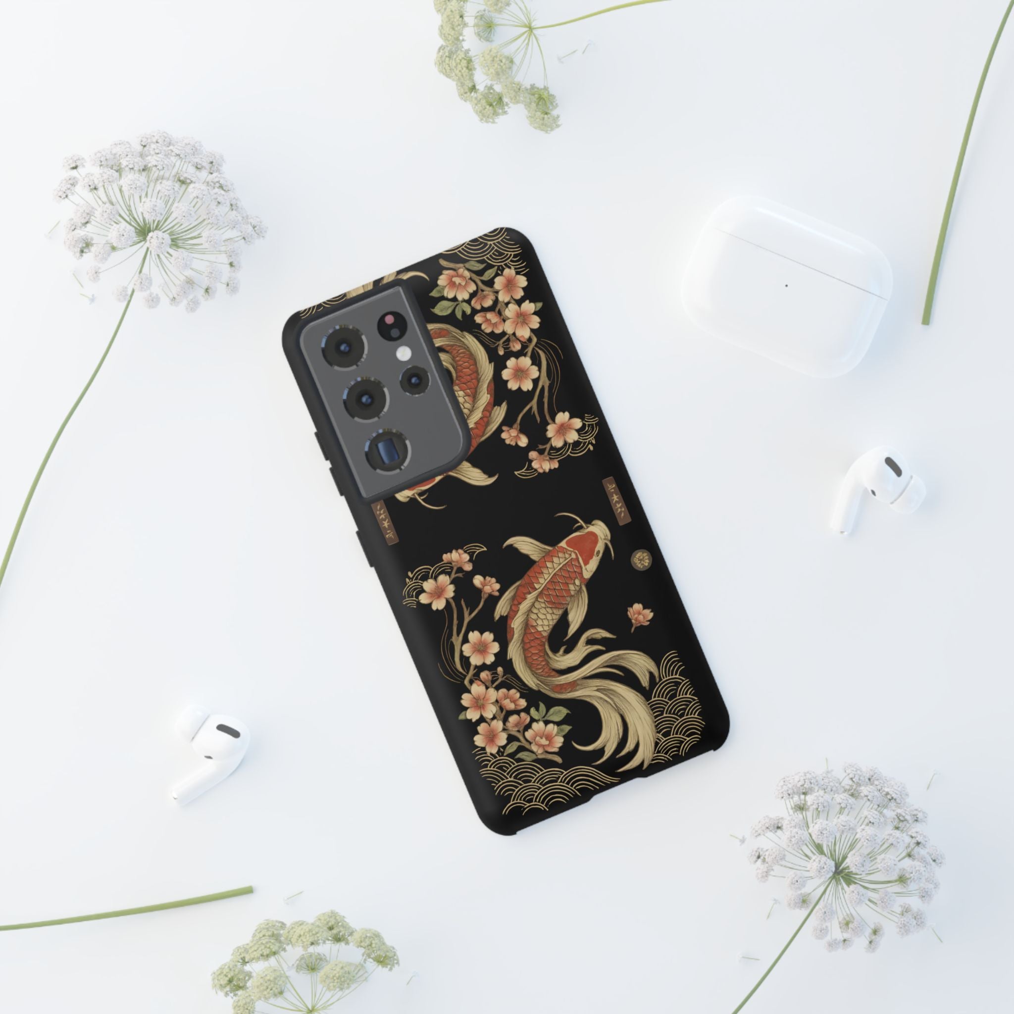 Khoi Fish Phone Case with Floral Design, Tough Cases, Phone Cover, Unique Gift, Japanese Art, Colorful Accessories