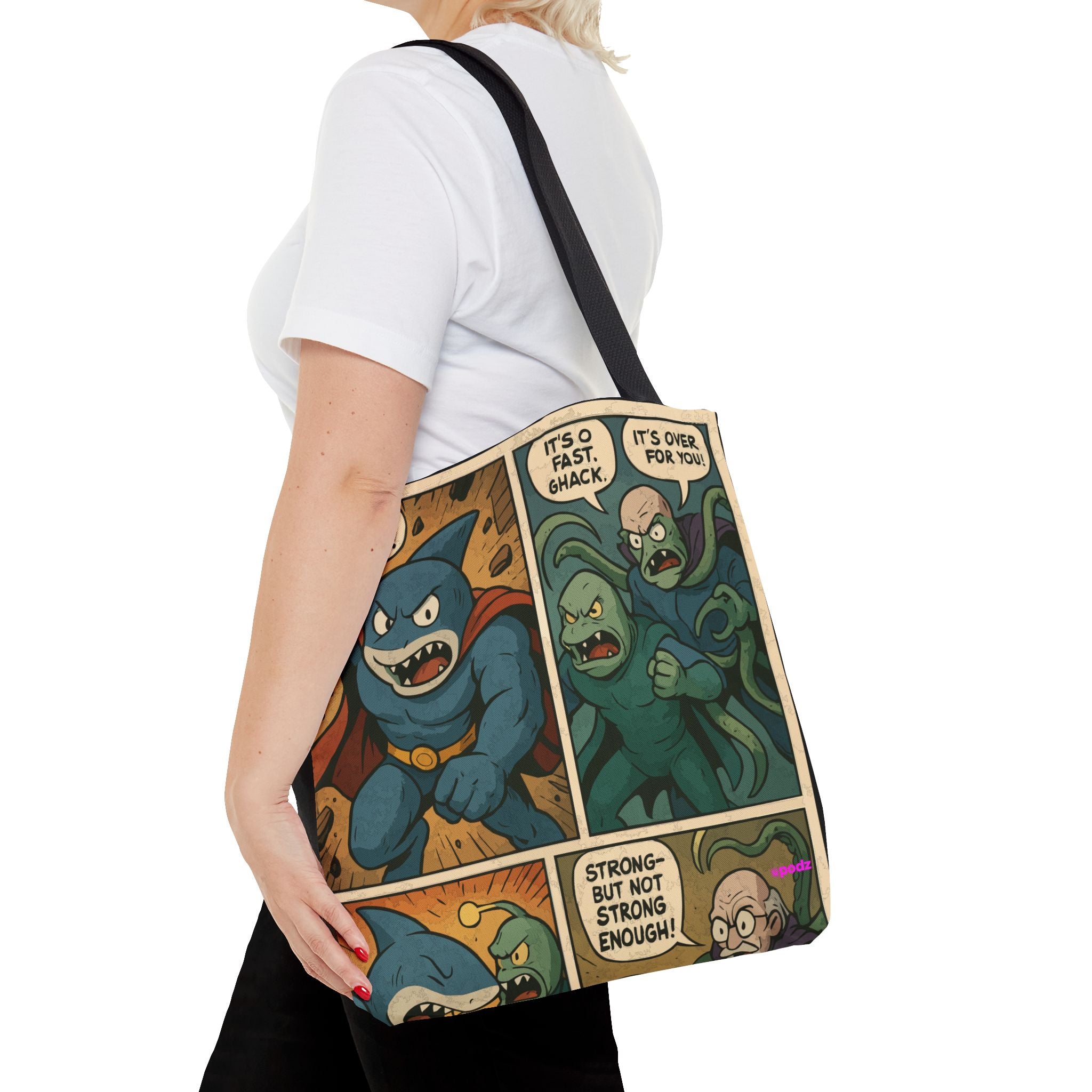 Shark Villain Tote Bag - Quirky AOP Design, Fun Bag