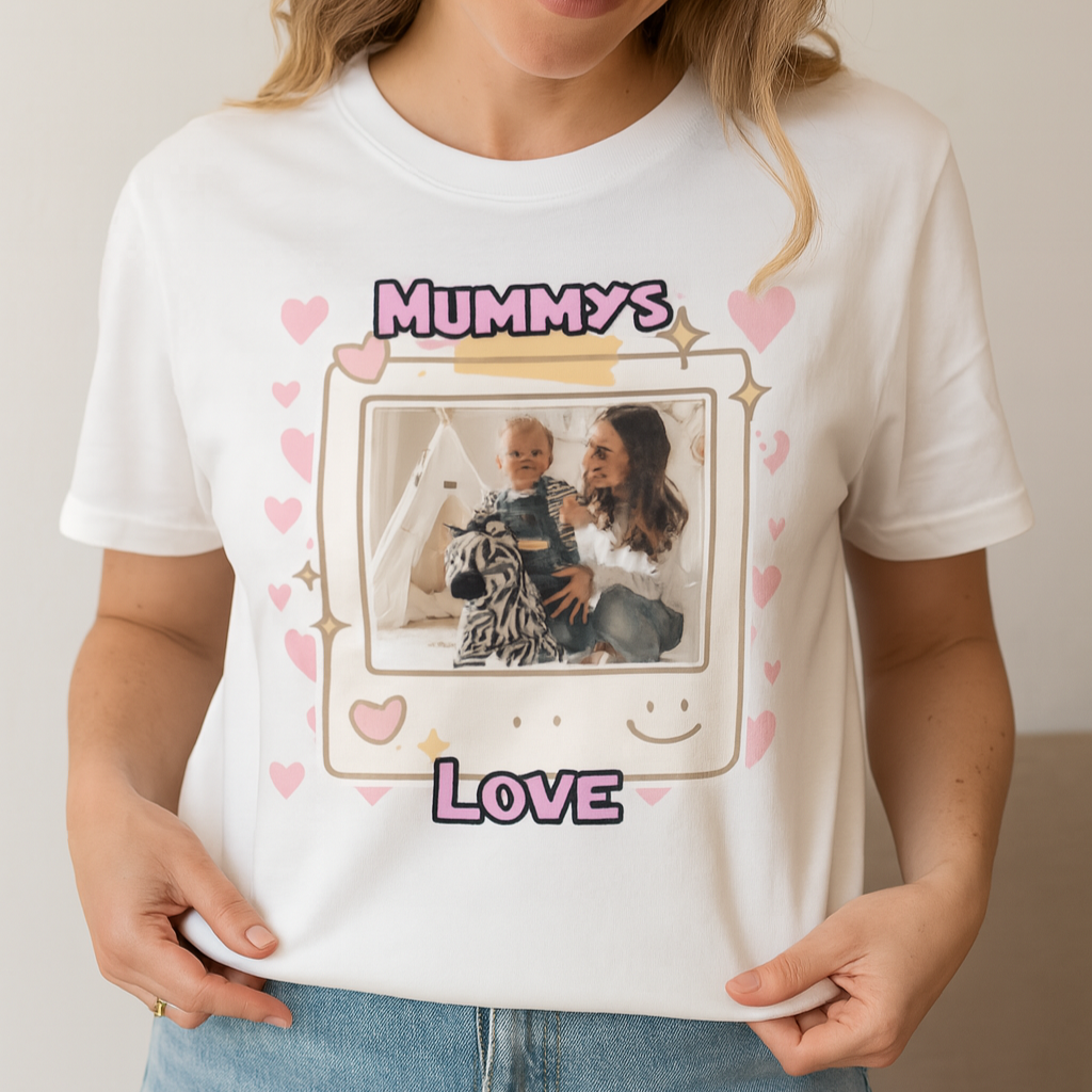 Woman wearing a white t-shirt with a personalized design featuring a photo of a family and the text 'Mummy's Love'.