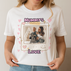 Woman wearing a white t-shirt with a personalized design featuring a photo of a family and the text 'Mummy's Love'.
