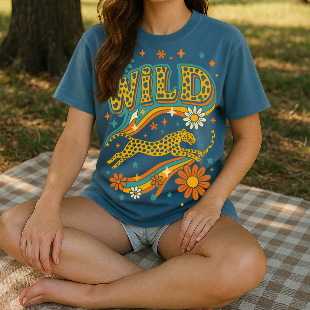 Woman wearing a blue t-shirt with a 'Wild' design sitting on a blanket outdoors.